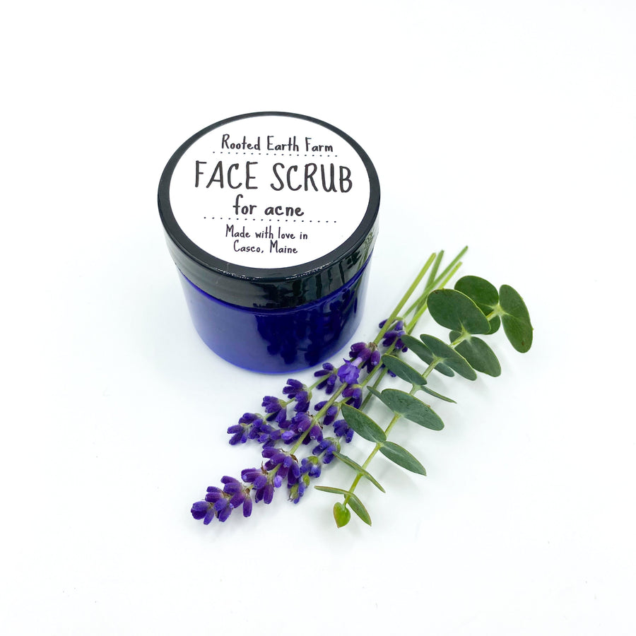 2 oz face scrub for acne prone skin, vegan with essential oils and lavender herbal powder