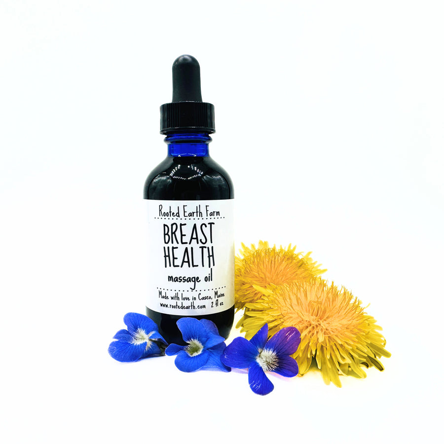 Breast health massage oil, infused with dandelion, red clover, and violets.