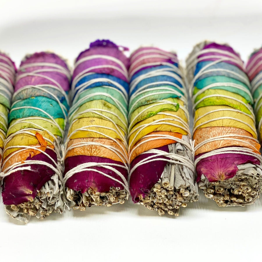 Rainbow Rose Petal and White Sage Smudge Stick Bundle Sustainable and farm grown