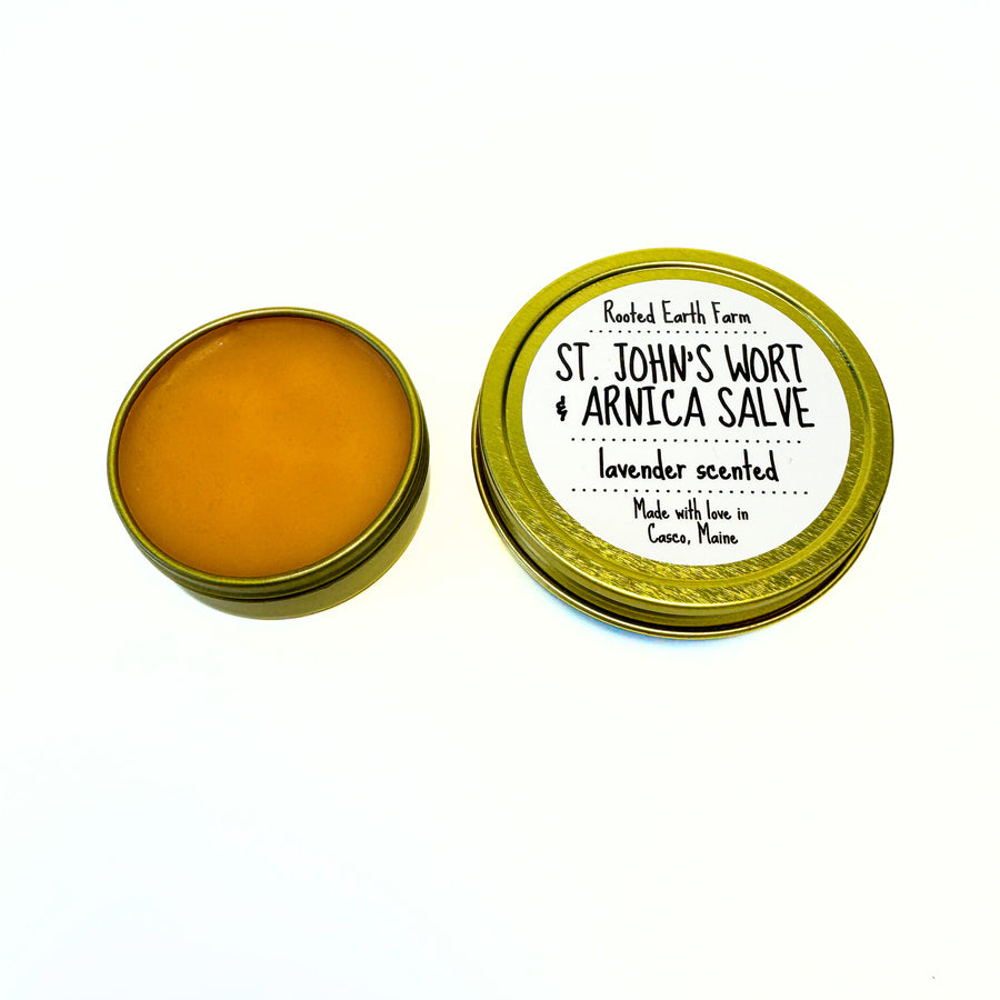 lavender scented arnica cream, herbal salve infused with st john's wort flowers