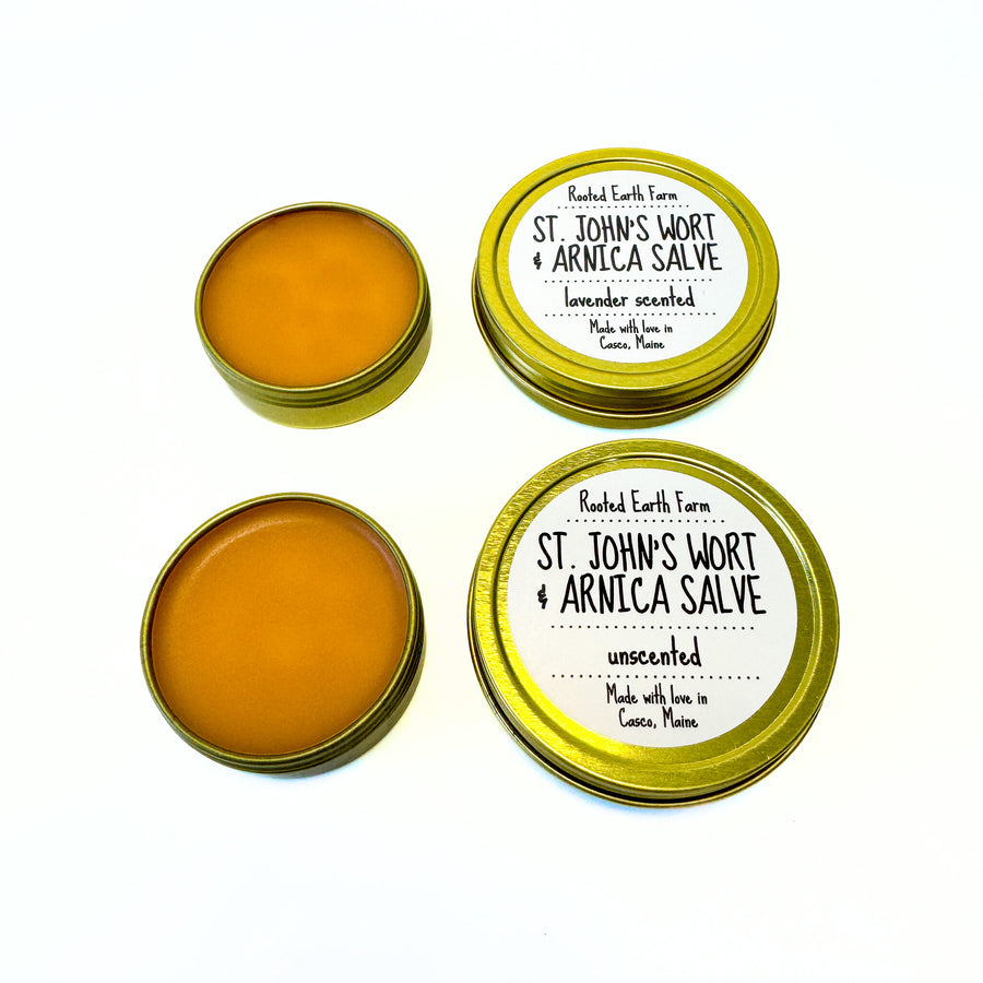 herbal infused salve with arnica and st john's wort flowers grown on our farm