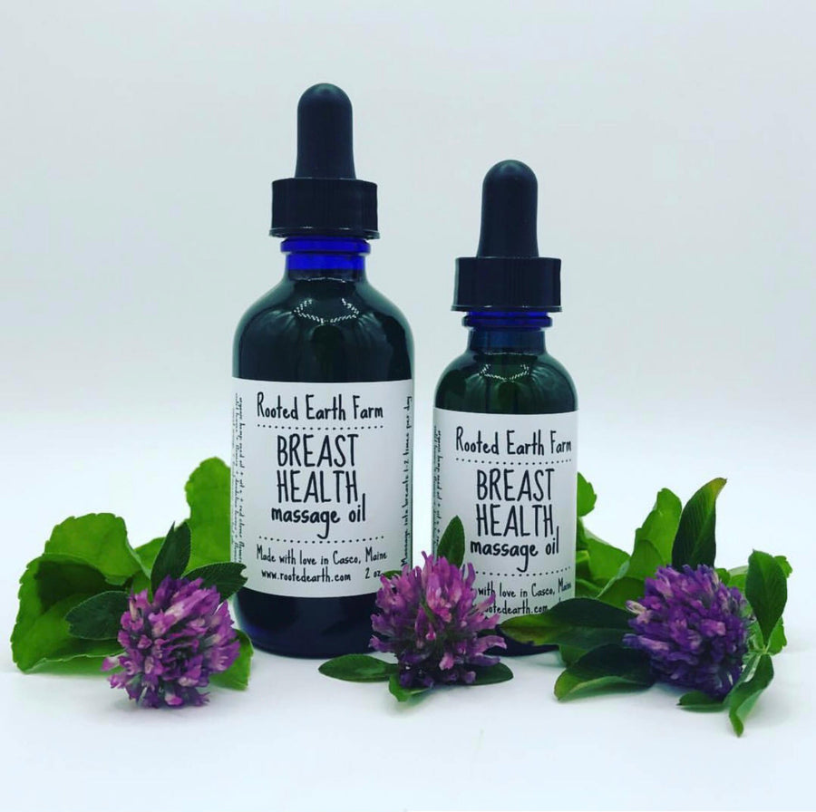 botanical breast oil infused with plants, herbs, flowers, red clover, violets, dandelion for tender breasts