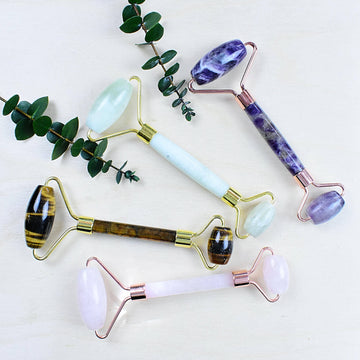 gemstone facial rollers, jade face roller, rose quartz facial roller, amethyst face roller, tigers eye facial roller