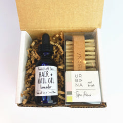 hair and nail oil and nail brush gift set