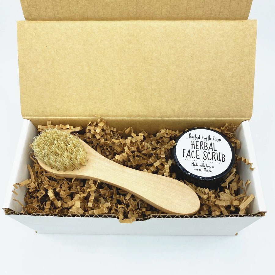 herbal plant based face scrub, facial brush for exfoliating, skin care gift set for women