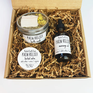 pain relief gift set, natural pain relief, herbal pain salve, plant based massage oil